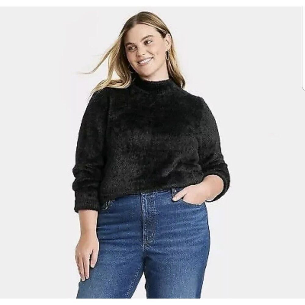 Wild Fable Black Fuzzy Mock Neck Sweater Long Sleeve Plus Size Cozy Knit XXL